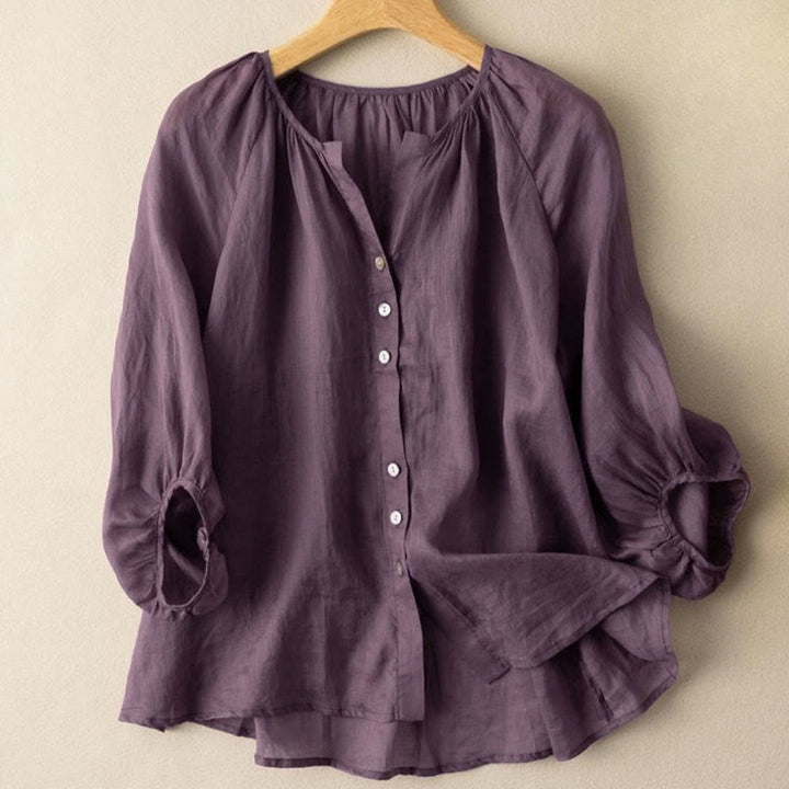 Camicia da donna in cotone con scollo a V, maniche a sbuffo e bottoni vintage Buddha Stones - Magenta scuro - US14, UK/AU18, EU46 (4XL) - image 8