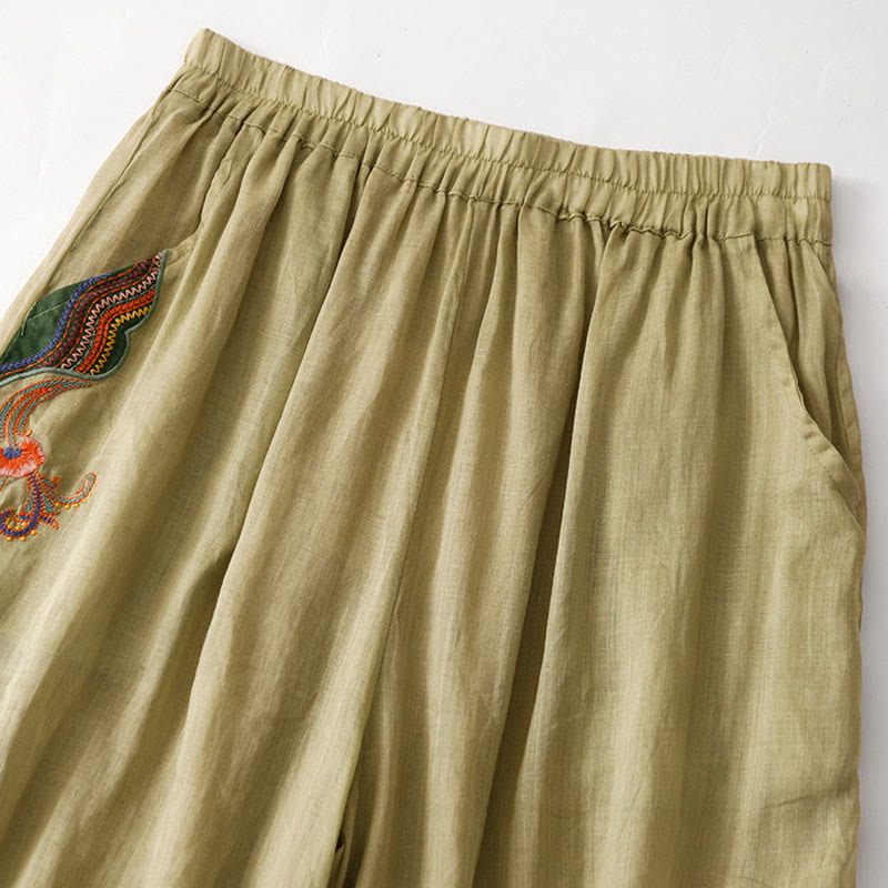 Pantaloni larghi da donna in cotone e lino con elastico in vita, con tasche, motivo Buddha Stones, ricamo floreale casual - image 2