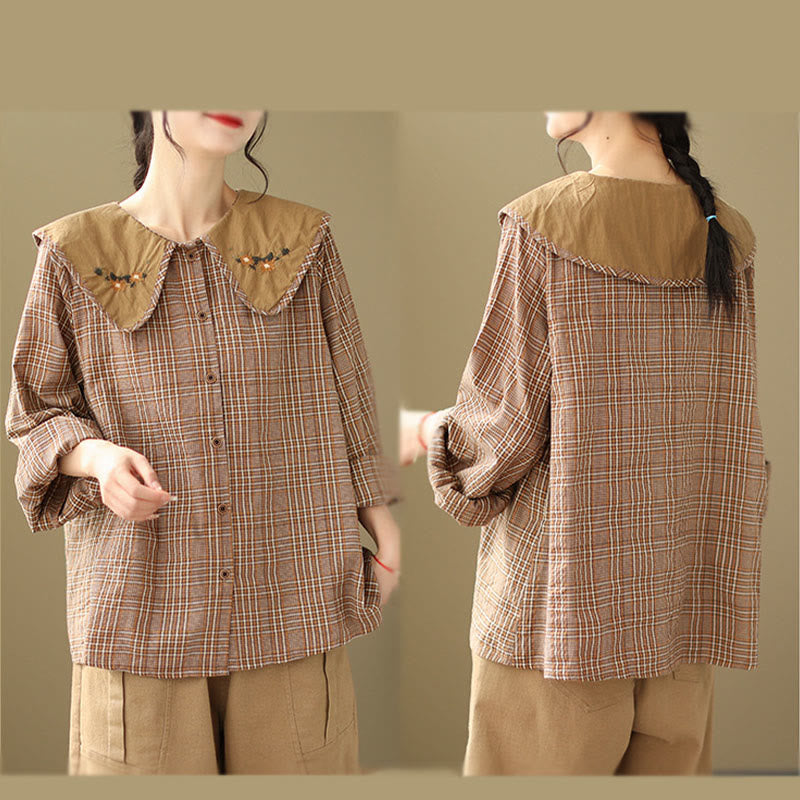 Camicia da donna in cotone con motivo scozzese ricamato con Buddha Stones - image 6