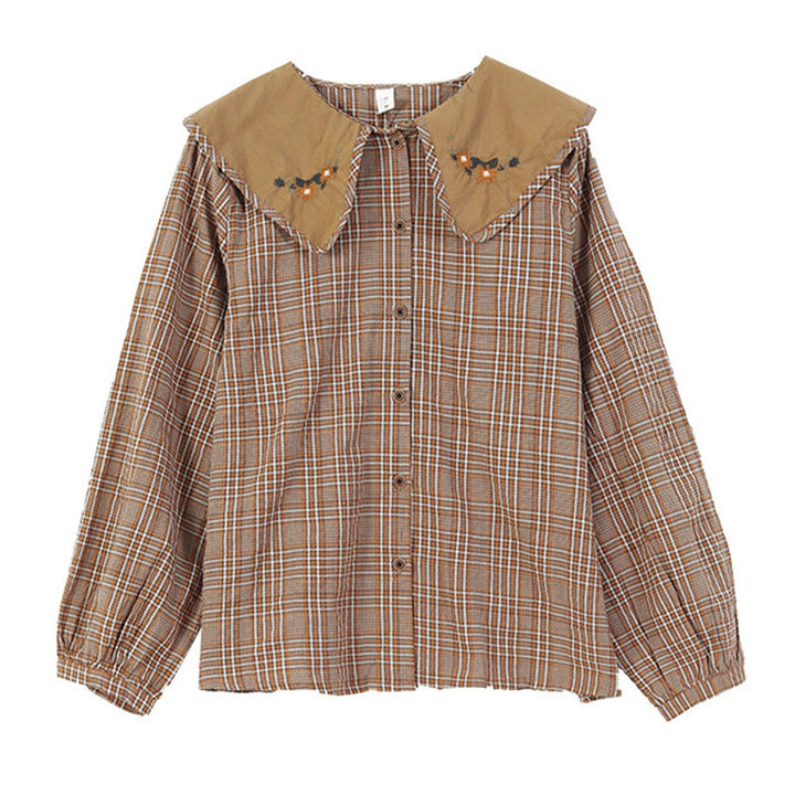 Camicia da donna in cotone con motivo scozzese ricamato con Buddha Stones - image 2