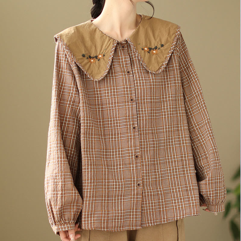 Camicia da donna in cotone con motivo scozzese ricamato con Buddha Stones - Salmone Scuro - US8-10, UK/AU12-14, EU40-42 (2XL) - image 1