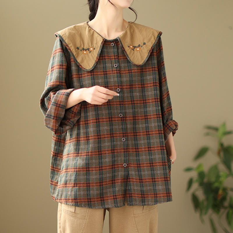Camicia da donna in cotone con motivo scozzese ricamato con Buddha Stones - image 8
