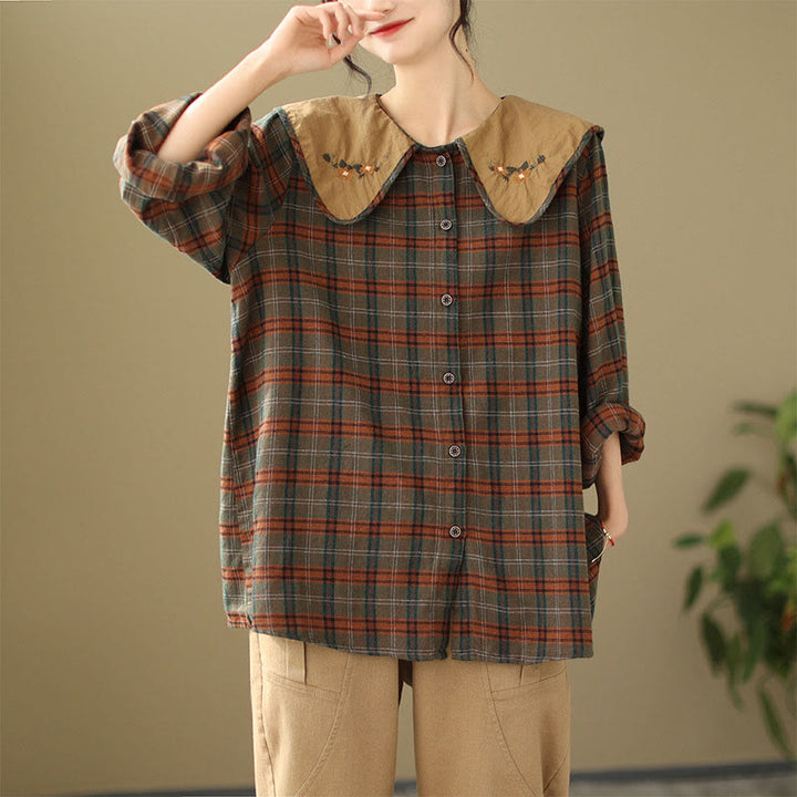 Camicia da donna in cotone con motivo scozzese ricamato con Buddha Stones - image 9