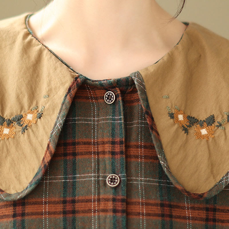 Camicia da donna in cotone con motivo scozzese ricamato con Buddha Stones - image 13