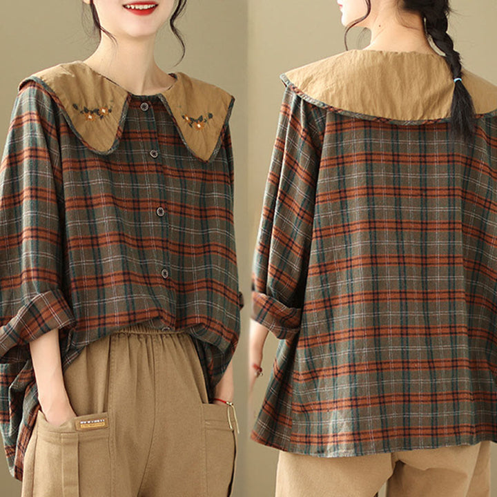 Camicia da donna in cotone con motivo scozzese ricamato con Buddha Stones - image 12