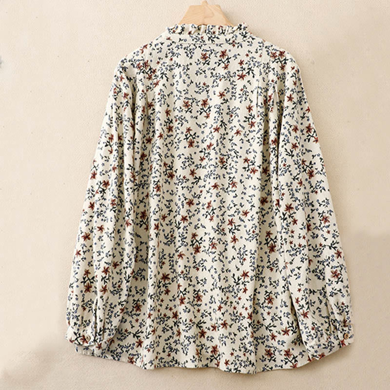 Camicia da donna in cotone e lino con scollo rotondo e motivo floreale casual Buddha Stones - image 2