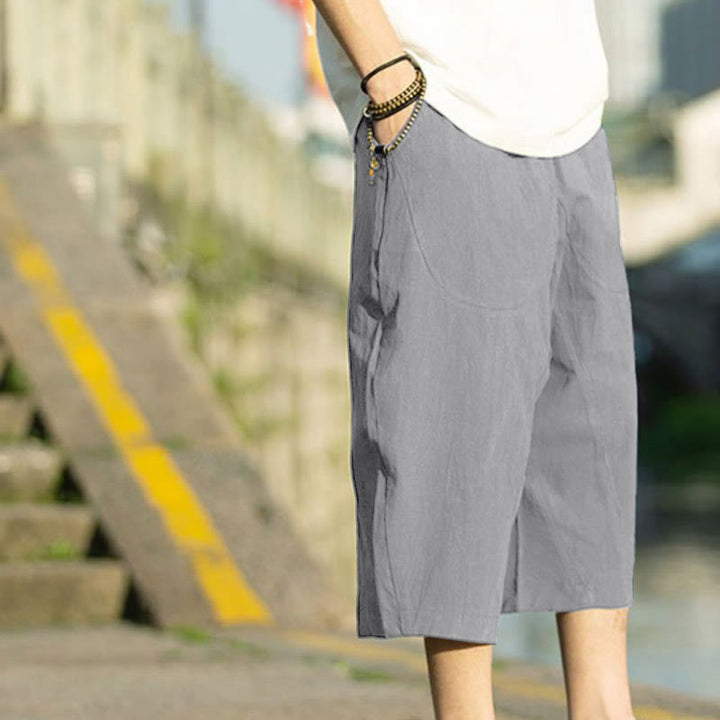 Pantaloni da uomo in lino e cotone con tasche, lunghezza 7-8, modello Buddha Stones, modello estivo con pieghe semplici e coulisse - image 3