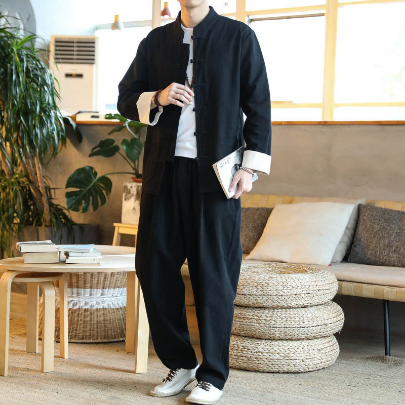 Buddha Stones 2 pezzi Zen Tang Suit da uomo Frog-Bottone Camicia a maniche lunghe Pantaloni Set con tasche - Nero - US/UK/AU44, EU54 (5XL) - image 15