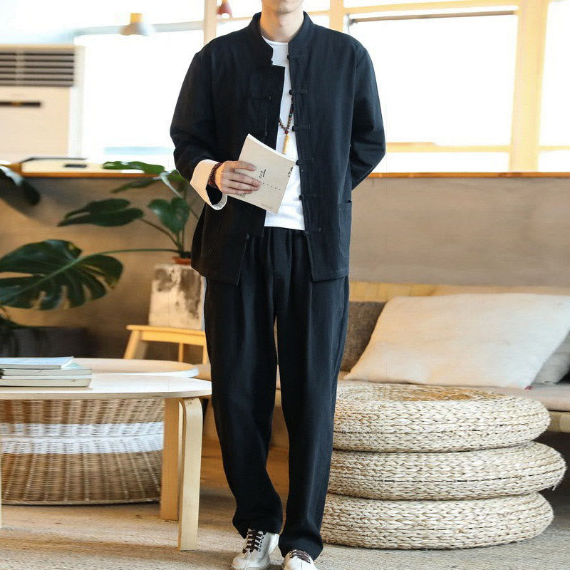 Buddha Stones 2 pezzi Zen Tang Suit da uomo Frog-Bottone Camicia a maniche lunghe Pantaloni Set con tasche - image 19