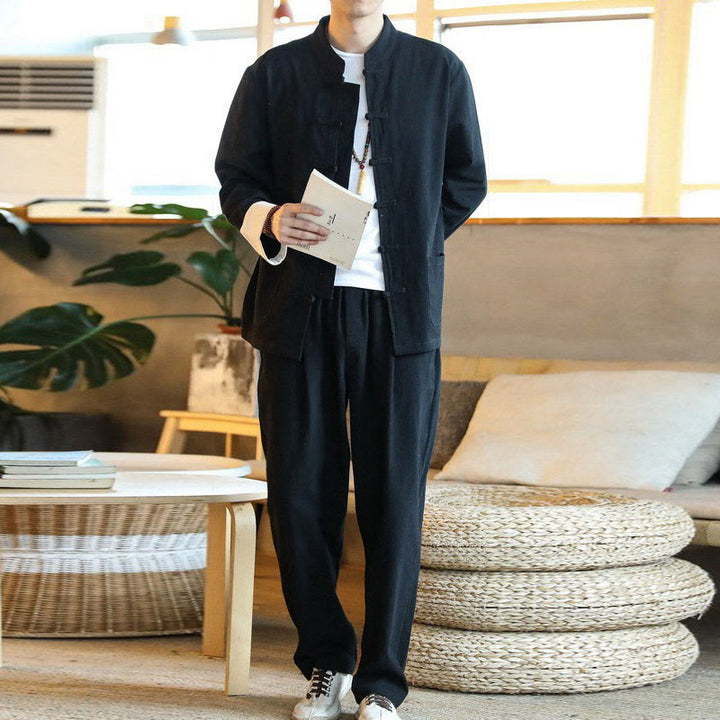 Buddha Stones 2 pezzi Zen Tang Suit da uomo Frog-Bottone Camicia a maniche lunghe Pantaloni Set con tasche - image 19