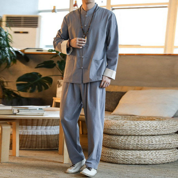 Buddha Stones 2 pezzi Zen Tang Suit da uomo Frog-Bottone Camicia a maniche lunghe Pantaloni Set con tasche - image 5