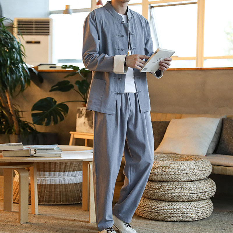 Buddha Stones 2 pezzi Zen Tang Suit da uomo Frog-Bottone Camicia a maniche lunghe Pantaloni Set con tasche - image 8