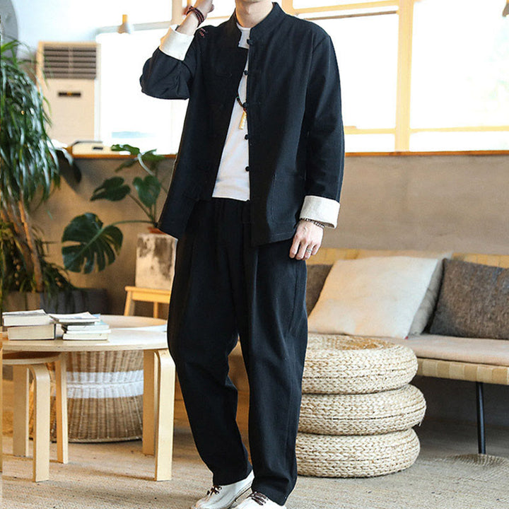 Buddha Stones 2 pezzi Zen Tang Suit da uomo Frog-Bottone Camicia a maniche lunghe Pantaloni Set con tasche - image 17