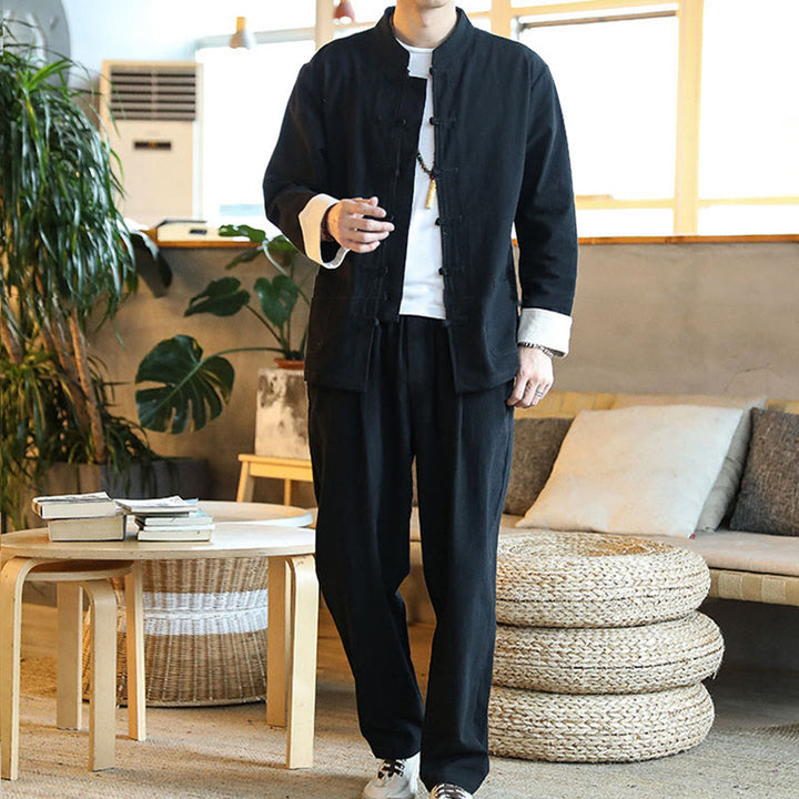 Buddha Stones 2 pezzi Zen Tang Suit da uomo Frog-Bottone Camicia a maniche lunghe Pantaloni Set con tasche - image 16