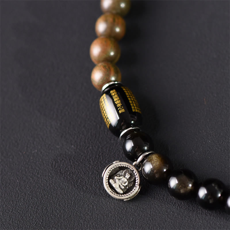 Bracciale a doppio giro in ossidiana, sandalo verde tibetano, lucentezza dorata e equilibrio della pace, Buddha Stones - image 11