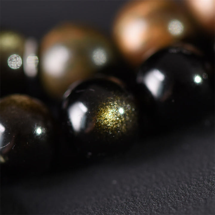 Bracciale a doppio giro in ossidiana, sandalo verde tibetano, lucentezza dorata e equilibrio della pace, Buddha Stones - image 5