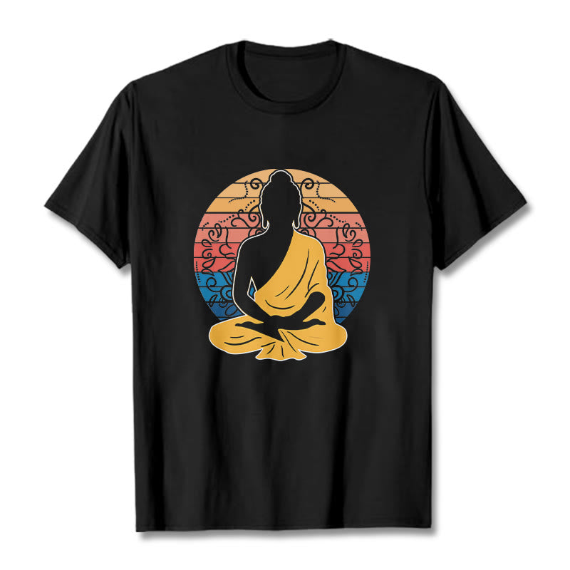 Buddha Stones Maglietta casual in cotone con motivo Buddha in meditazione colorato - Nero - 2XL - image 1