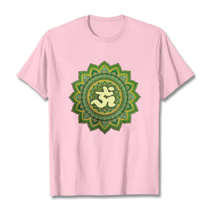 Buddha Stones Maglietta casual in cotone con motivo mandala verde e simbolo Om - Rosa chiaro - 2XL - image 13