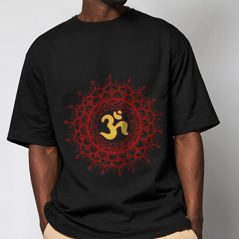 Buddha Stones Maglietta casual in cotone con motivo mandala rosso e simbolo Om - image 2