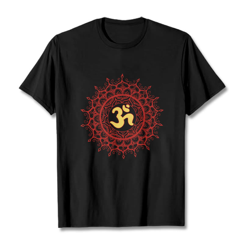 Buddha Stones Maglietta casual in cotone con motivo mandala rosso e simbolo Om - Nero - 2XL - image 1