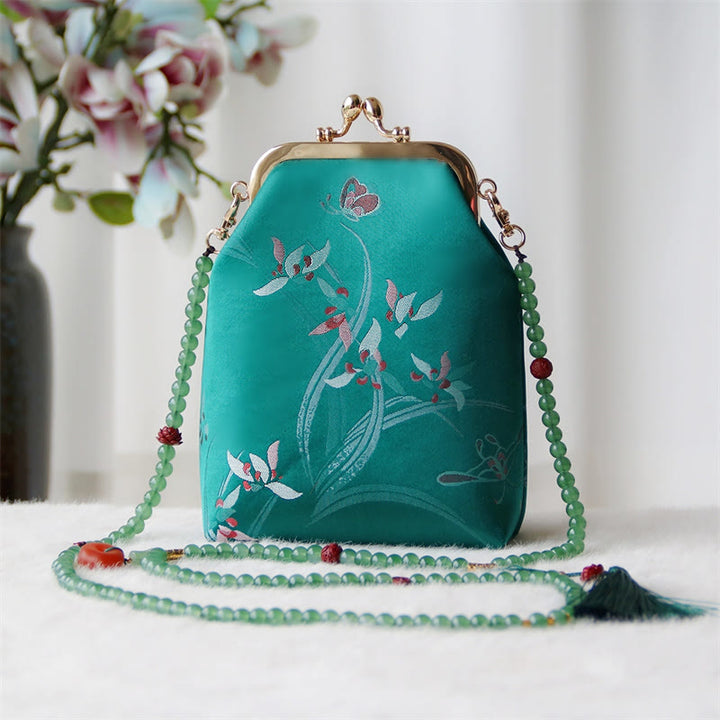 Borsa a tracolla con catena di perle e ricamo cinese retrò Buddha Stones - Farfalla verde orchidea farfalla 14*6*18cm - image 28