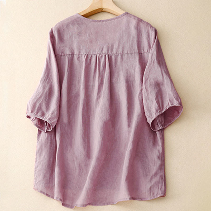 Camicia da donna in cotone a maniche corte, casual, ampia e semplice, con scollo a V e motivo Buddha Stones - image 2