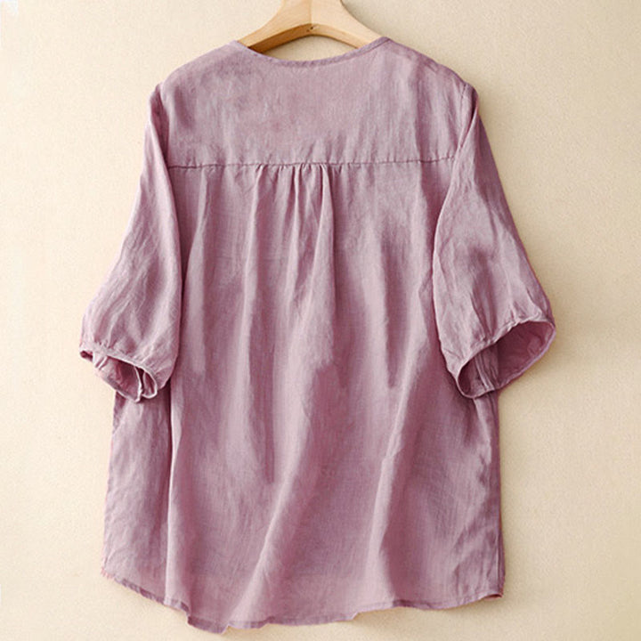 Camicia da donna in cotone a maniche corte, casual, ampia e semplice, con scollo a V e motivo Buddha Stones - image 2
