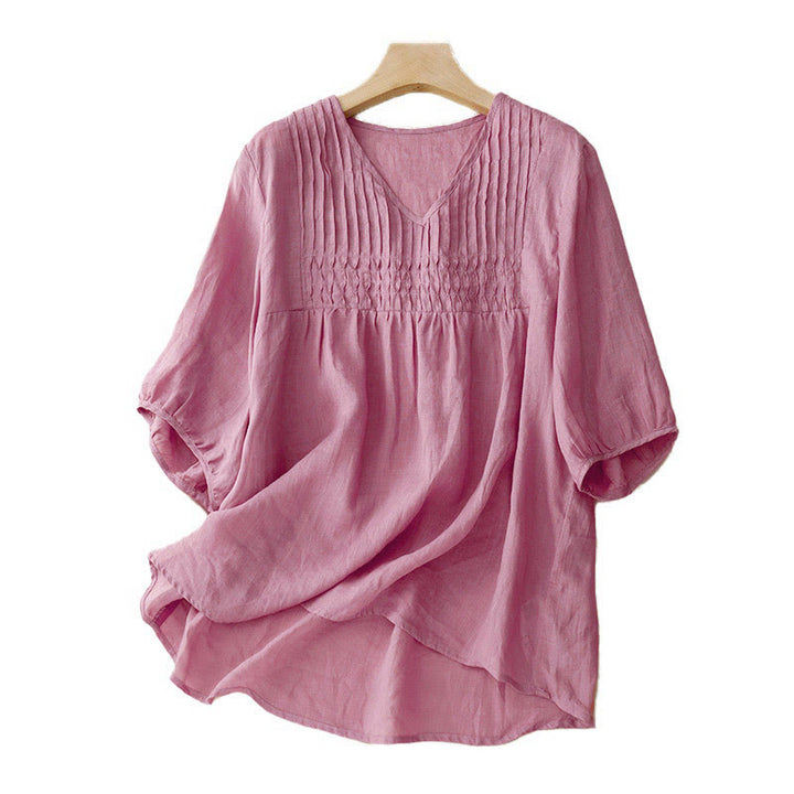 Camicia da donna in cotone a maniche corte, casual, ampia e semplice, con scollo a V e motivo Buddha Stones - image 20