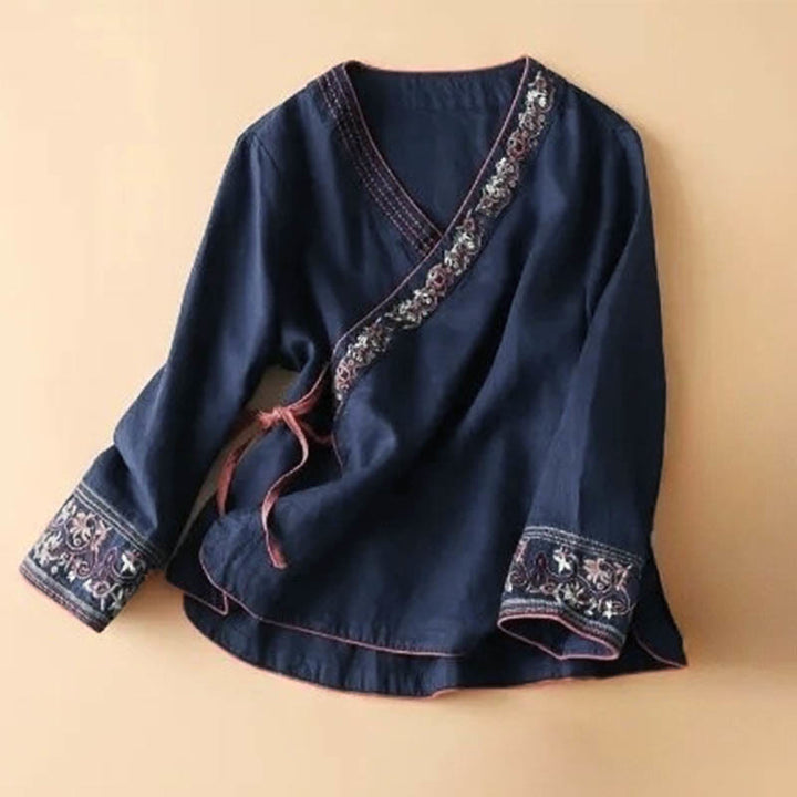 Camicia da donna in cotone a maniche lunghe con scollo a V, motivo Buddha Stones, fiori ricamati casual - Marina - US12, UK/AU16, EU44 (3XL) - image 10