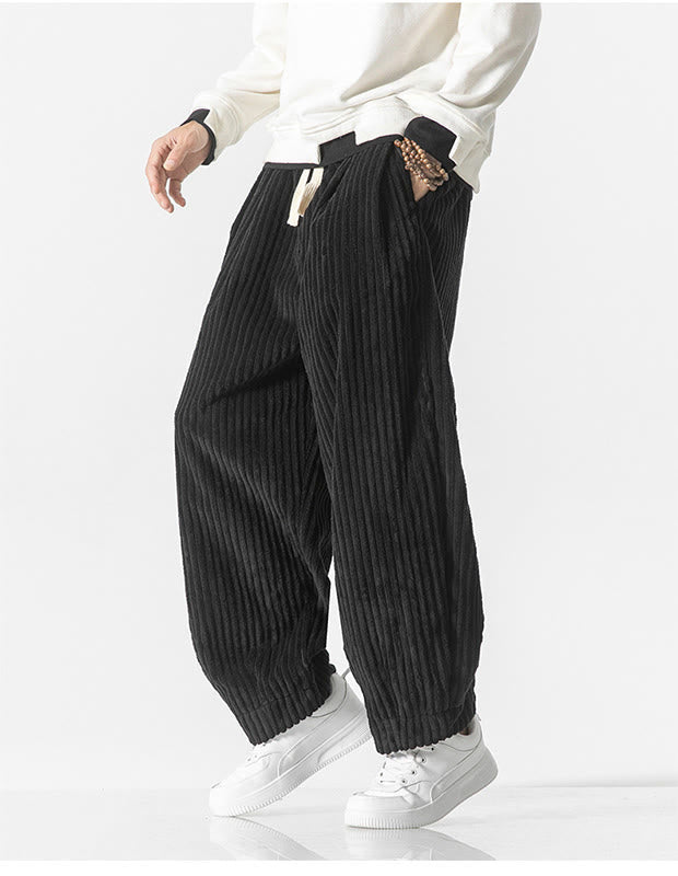 Pantaloni harem da uomo in velluto a coste con coulisse e tasche, stile retrò invernale, modello Buddha Stones - image 18