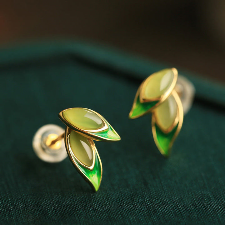 Orecchini Buddha Stones in argento sterling 925 con foglia di giada e prosperità  - image 2