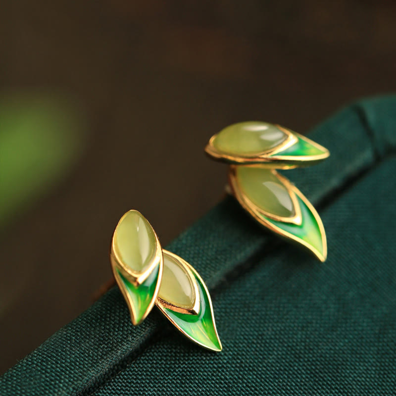 Orecchini Buddha Stones in argento sterling 925 con foglia di giada e prosperità  - Giada Hetian (perni in argento Sterling 925) - image 1