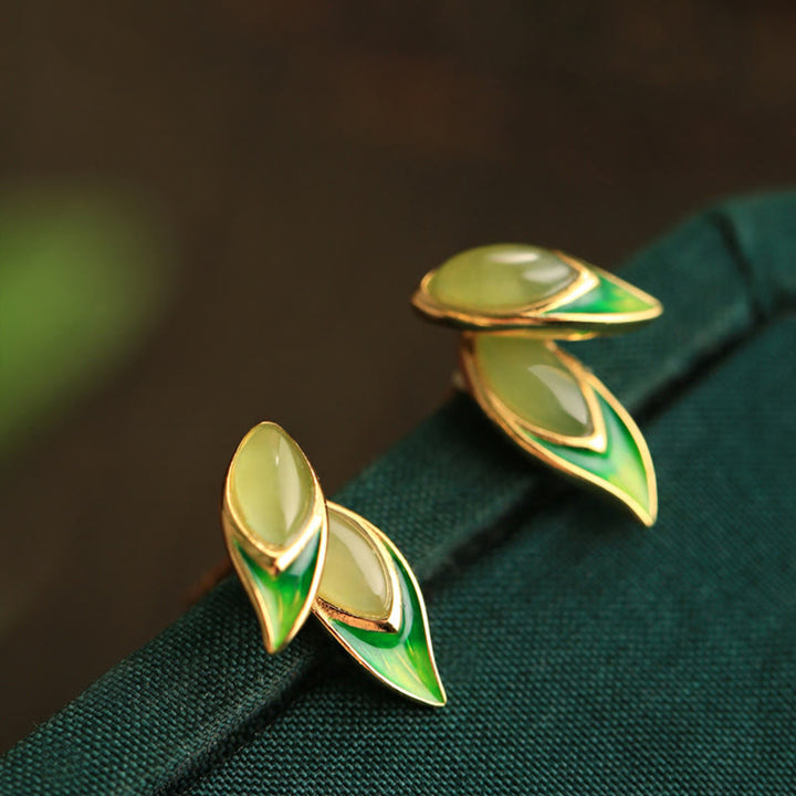 Orecchini Buddha Stones in argento sterling 925 con foglia di giada e prosperità  - Giada Hetian (perni in argento Sterling 925) - image 1