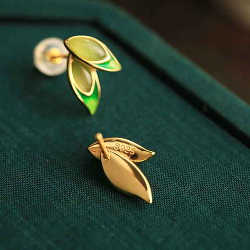 Orecchini Buddha Stones in argento sterling 925 con foglia di giada e prosperità  - image 3