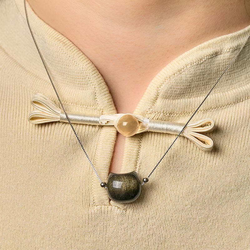 Collana con gatto in argento sterling 925, Buddha Stones , ossidiana naturale lucida, ossidiana dorata lucida - image 7