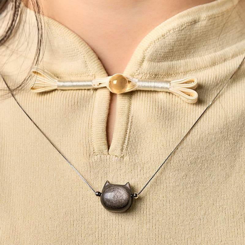 Collana con gatto in argento sterling 925, Buddha Stones , ossidiana naturale lucida, ossidiana dorata lucida - image 1