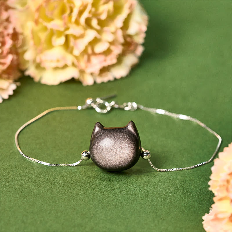 Braccialetto rilassante con gatto in ossidiana lucida color oro e pietre Buddha Stones in argento sterling 925 - Ossidiana argentata - 17-22 cm - image 0