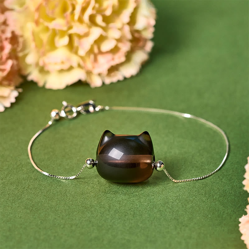 Bracciale Buddha Stones in argento sterling 925 con gatto in ossidiana di ghiaccio naturale e positivo - 18-22 cm - image 0
