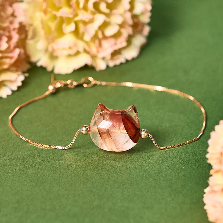 Bracciale Buddha Stones in argento sterling 925 con testa di gatto senza volto e quarzo rosso naturale con fiore della passione - 18-22 cm - image 0