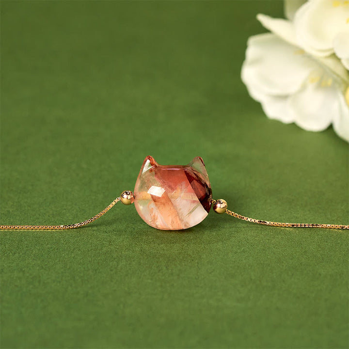 Bracciale Buddha Stones in argento sterling 925 con testa di gatto senza volto e quarzo rosso naturale con fiore della passione - image 1