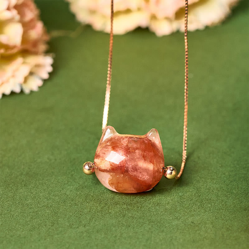 Collana con ciondolo di protezione in quarzo rosso naturale a forma di testa di gatto in argento sterling 925 Buddha Stones - Quarzo di inclusione - image 0