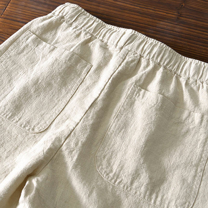 Pantaloni da uomo in lino ramiè con coulisse, casual, tinta unita, design semplice, con tasche, Buddha Stones - image 4