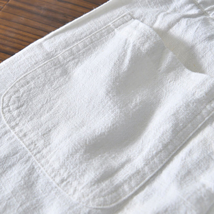 Pantaloni da uomo in lino ramiè con coulisse, casual, tinta unita, design semplice, con tasche, Buddha Stones - image 8