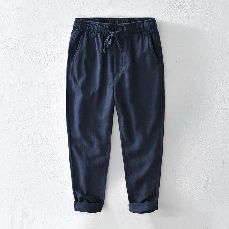 Pantaloni da uomo in lino ramiè con coulisse, casual, tinta unita, design semplice, con tasche, Buddha Stones - Marina - US/UK/AU44, EU54 (4XL) - image 18