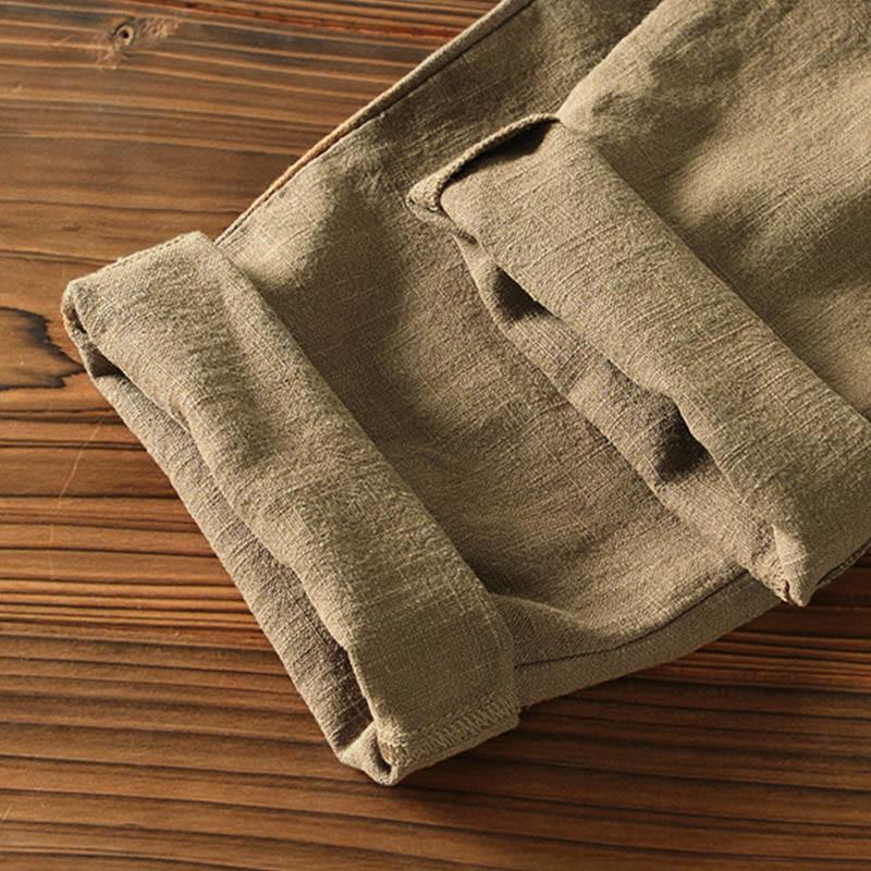 Pantaloni da uomo in lino ramiè con coulisse, casual, tinta unita, design semplice, con tasche, Buddha Stones - image 32