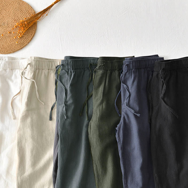 Pantaloni da uomo in lino ramiè con coulisse, casual, tinta unita, design semplice, con tasche, Buddha Stones - image 33