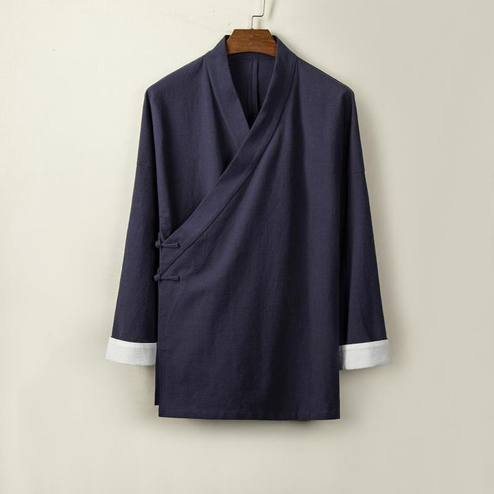 Buddha Stones con bottoni cinesi a forma di rana, maniche lunghe e design aperto sul davanti, kimono da uomo in cotone e lino - Blu notte - US/UK/AU44, EU54 (4XL) - image 7