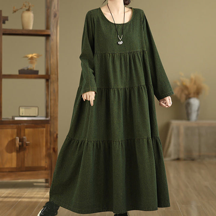 Abito lungo da donna in cotone con maniche lunghe e tasche, motivo patchwork verde oliva scuro Buddha Stones - image 7