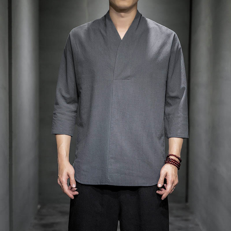 Camicia casual da uomo in cotone con scollo a V e maniche a tre quarti, motivo Buddha Stones - Grigio - US/UK/AU44, EU54 (5XL) - image 5