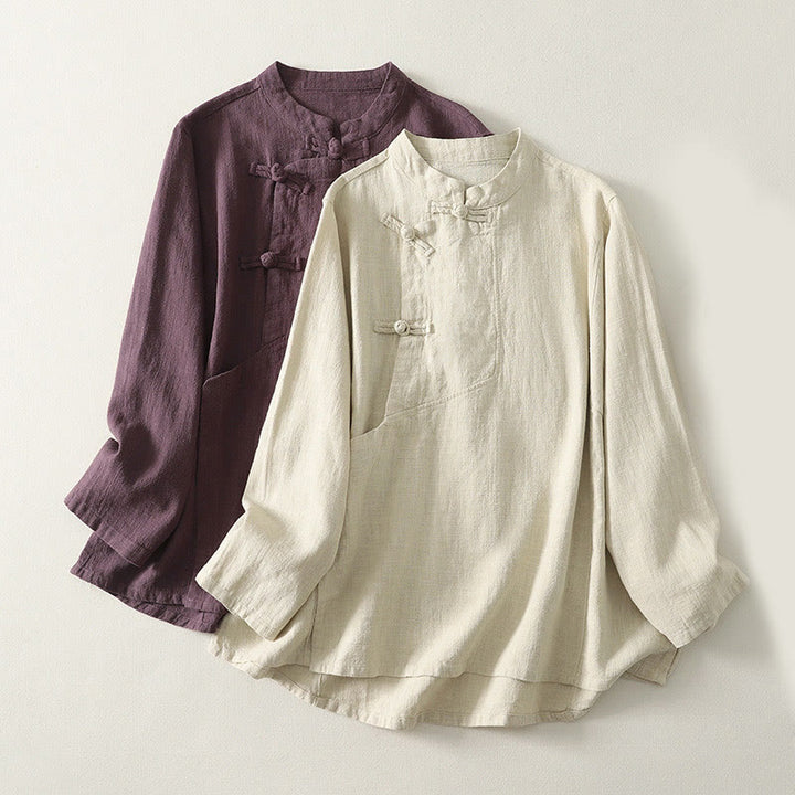 Camicia da donna a maniche lunghe in cotone con bottoni a rana, casual e semplice , Buddha Stones - image 0